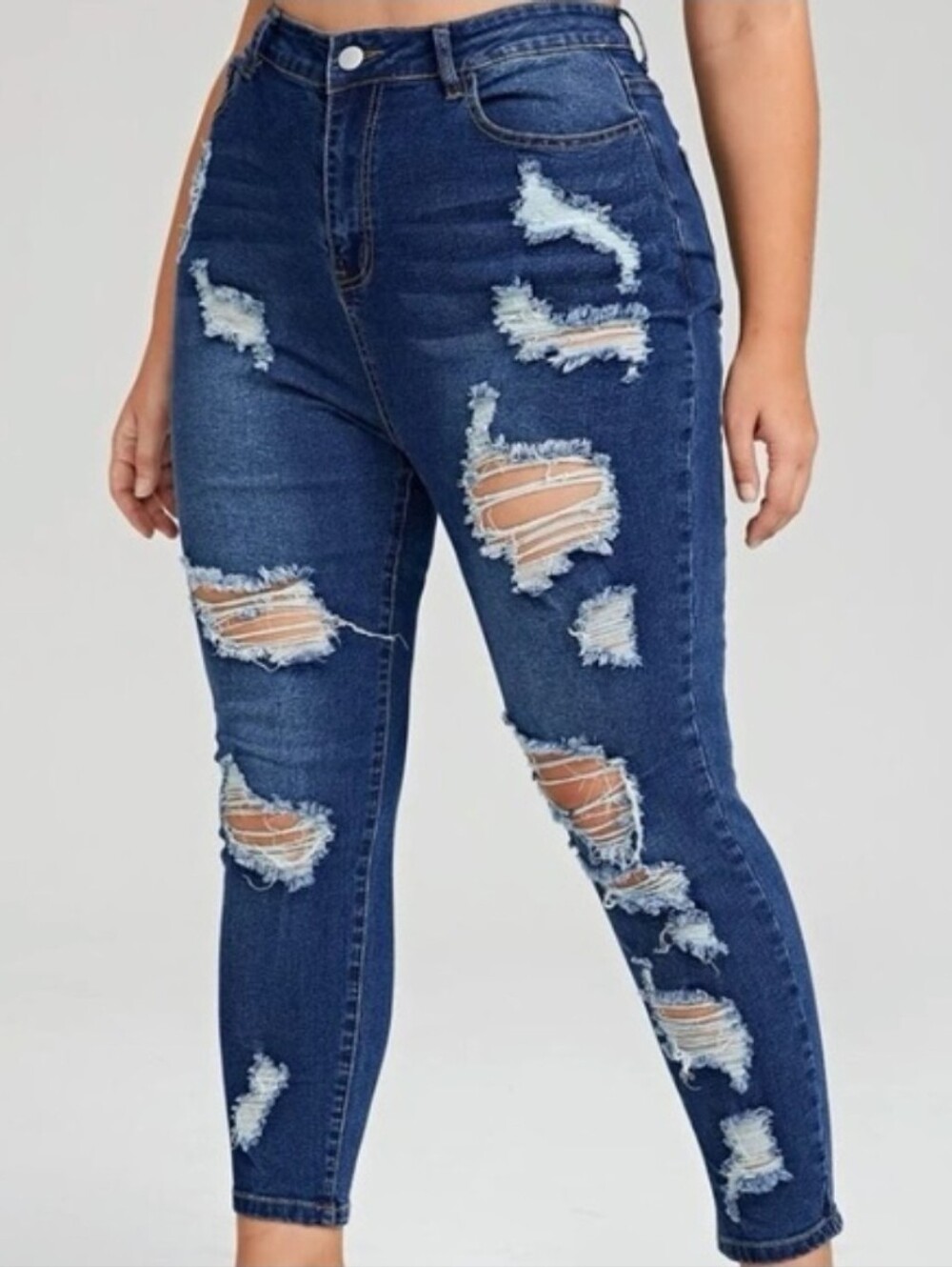 SHEIN | Dark Blue High-Rise Distressed Skinny Jeans